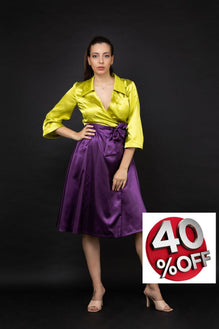 Satin dress in lime and purple