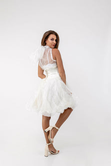 Balloon dress with pearls on a bustier – Side view – Silvy Rowson