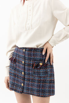 Trapeze skirt in blue boucle – Side view – Silvy Rowson