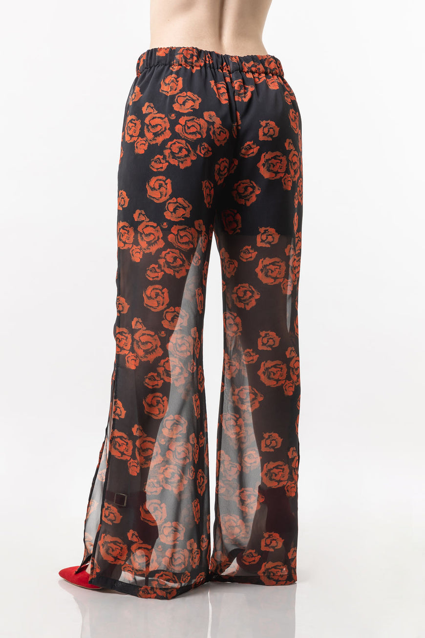 Chiffon pants black mesh with roses