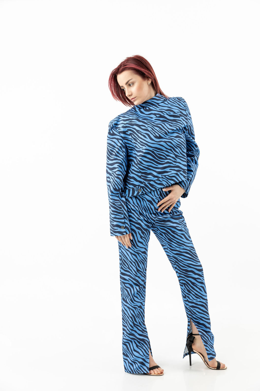 Pants in a blue zebra print with leg openings