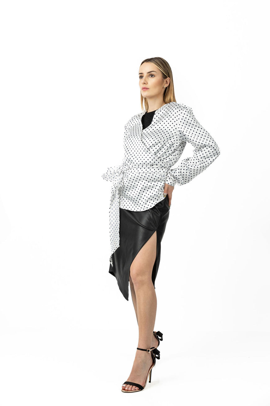 White satin blouse with black dots