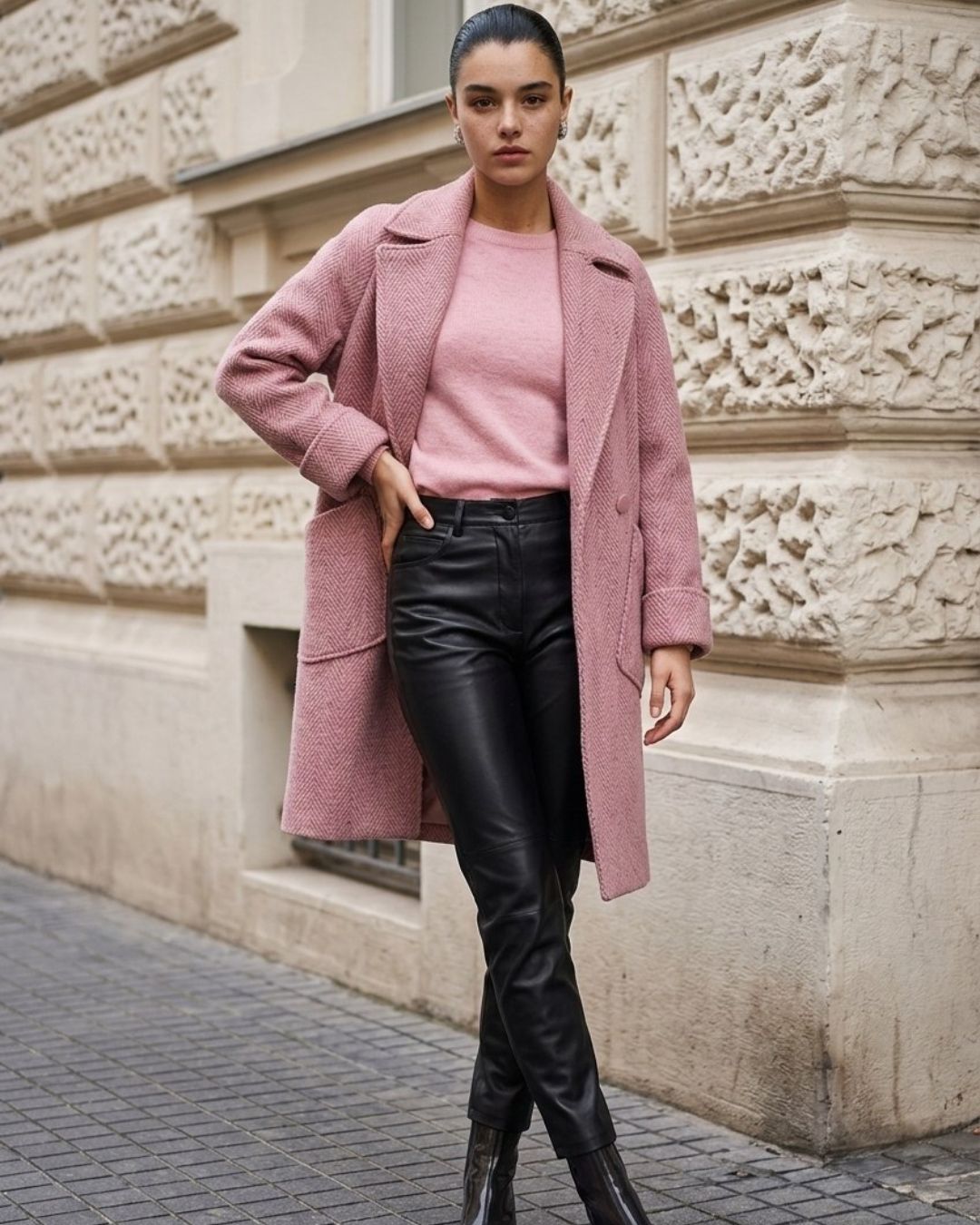 A woman stands on a city sidewalk wearing a dusty pink textured overcoat over a matching pink sweater, black leather pants, and black ankle boots, posed against a beige stone building.