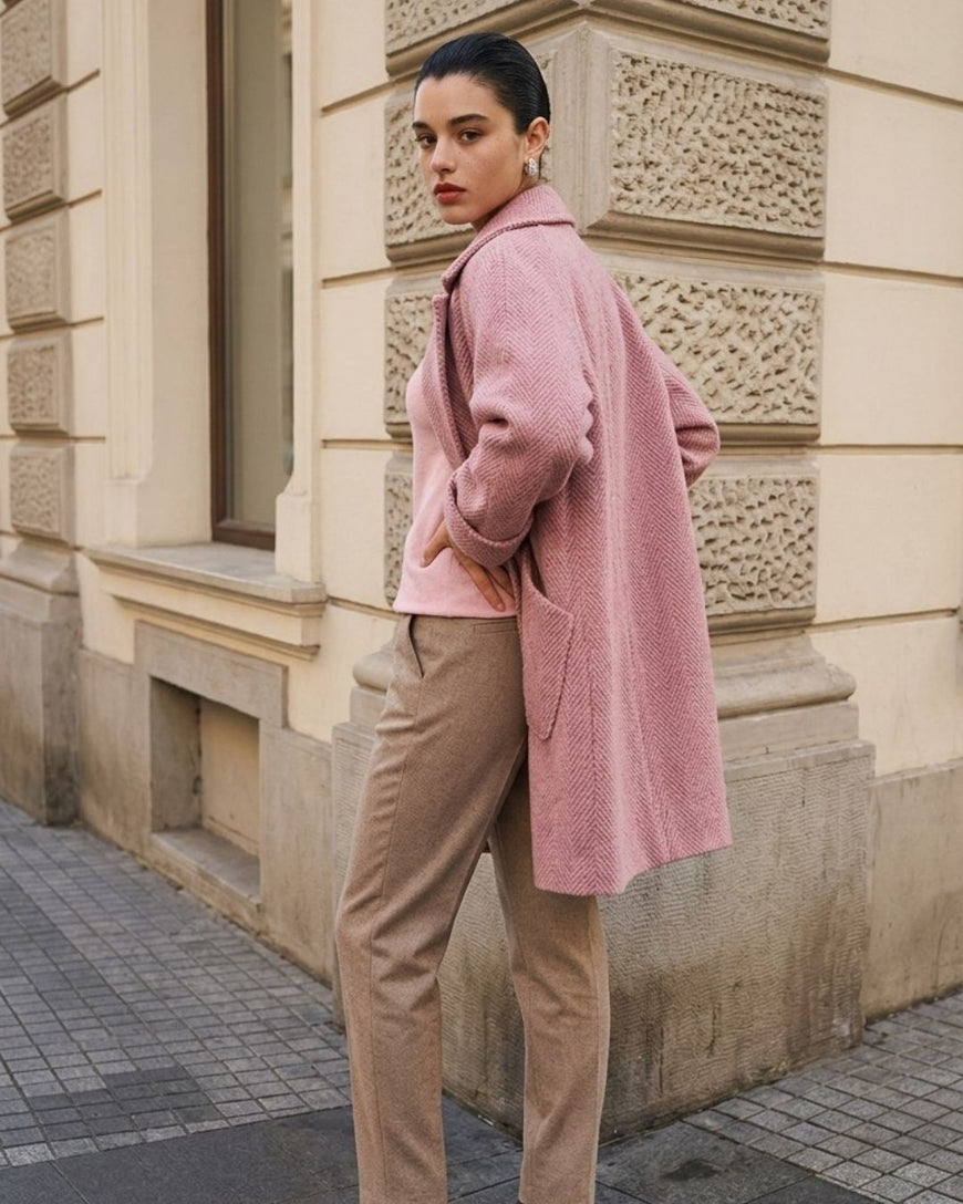 A woman stands outdoors against a beige stone building, wearing a long dusty pink textured coat over a pink top and beige trousers.