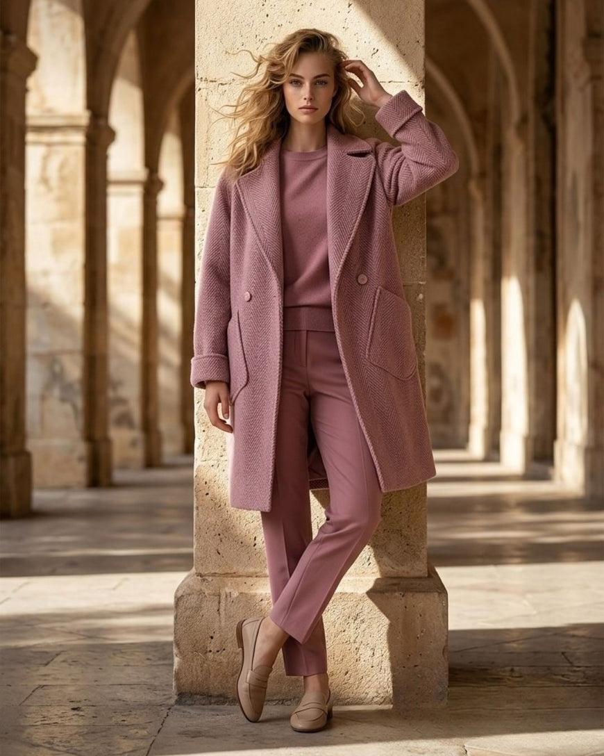 A woman stands in a sunlit stone arcade wearing a coordinated dusty pink outfit consisting of a long coat, top, and trousers, with beige flats.