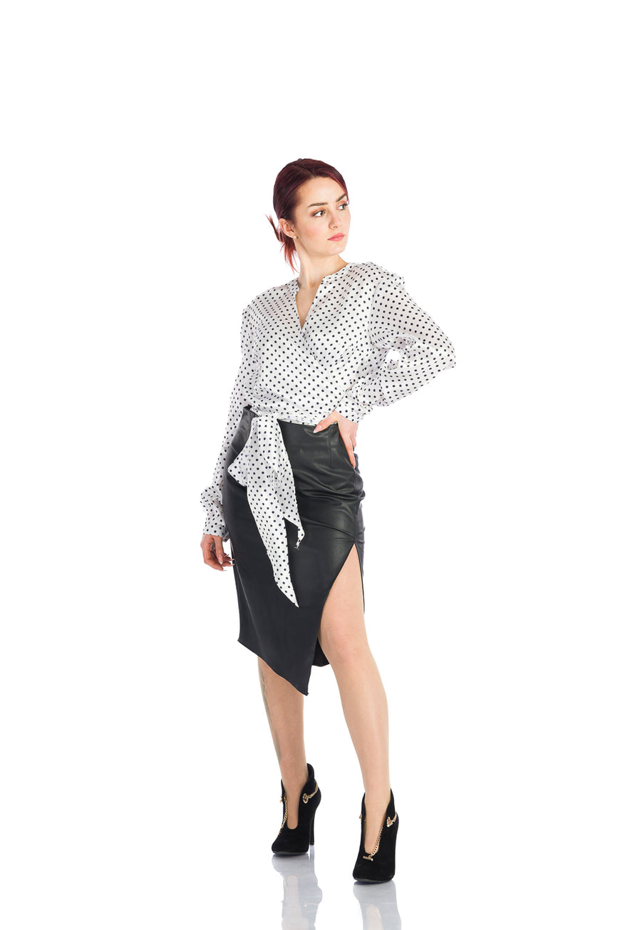 White satin blouse with black dots