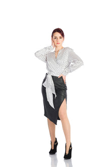 White satin blouse with black dots