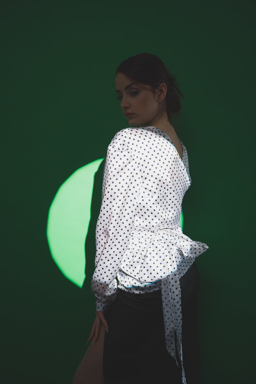 White satin blouse with black dots