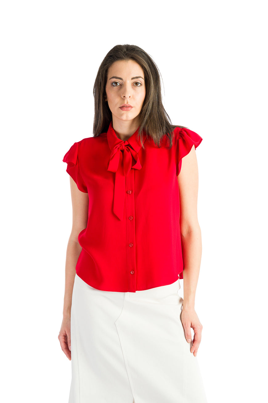 Sleeveless shirt with ruffles in red