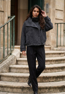 Grey Bouclé Wool Coat