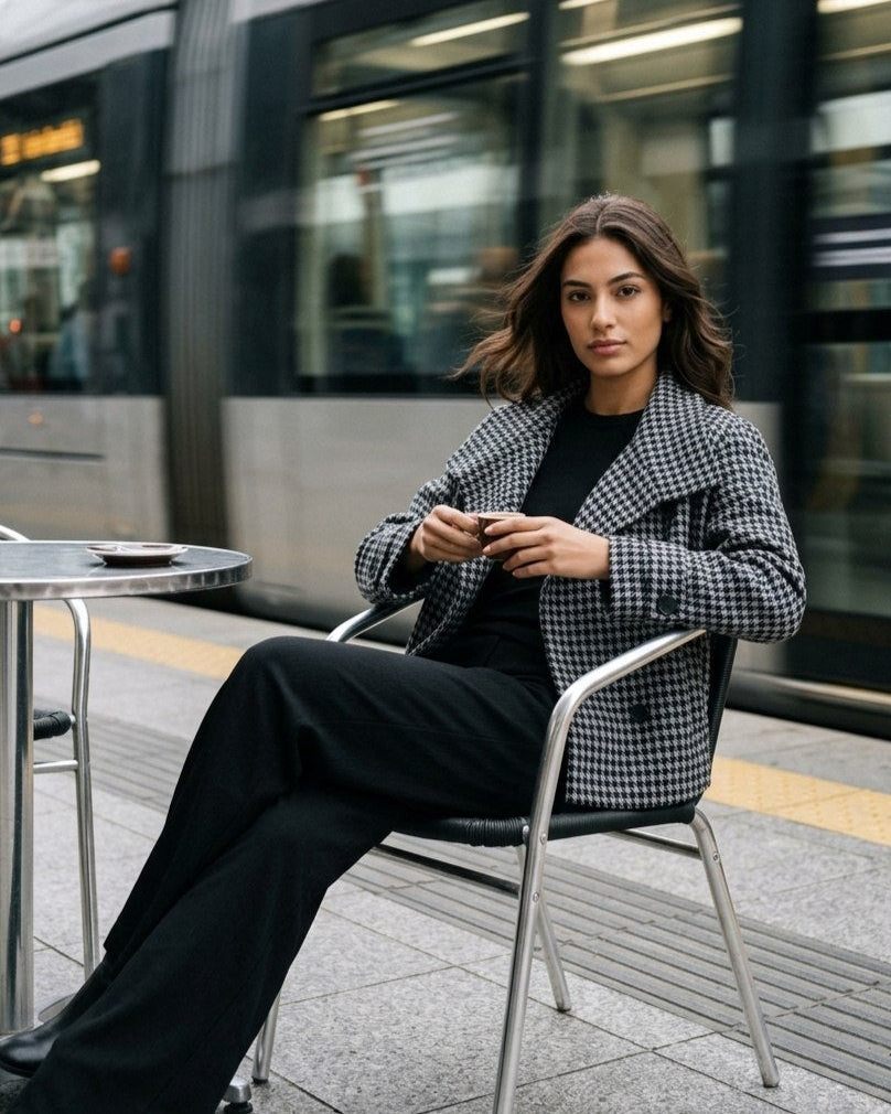 A woman sits on a metal chair at an outdoor cafe table next to a train station platform, wearing a black and white houndstooth blazer over a black top and black trousers.