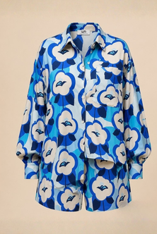 Blue Floral Print Viscose Shorts