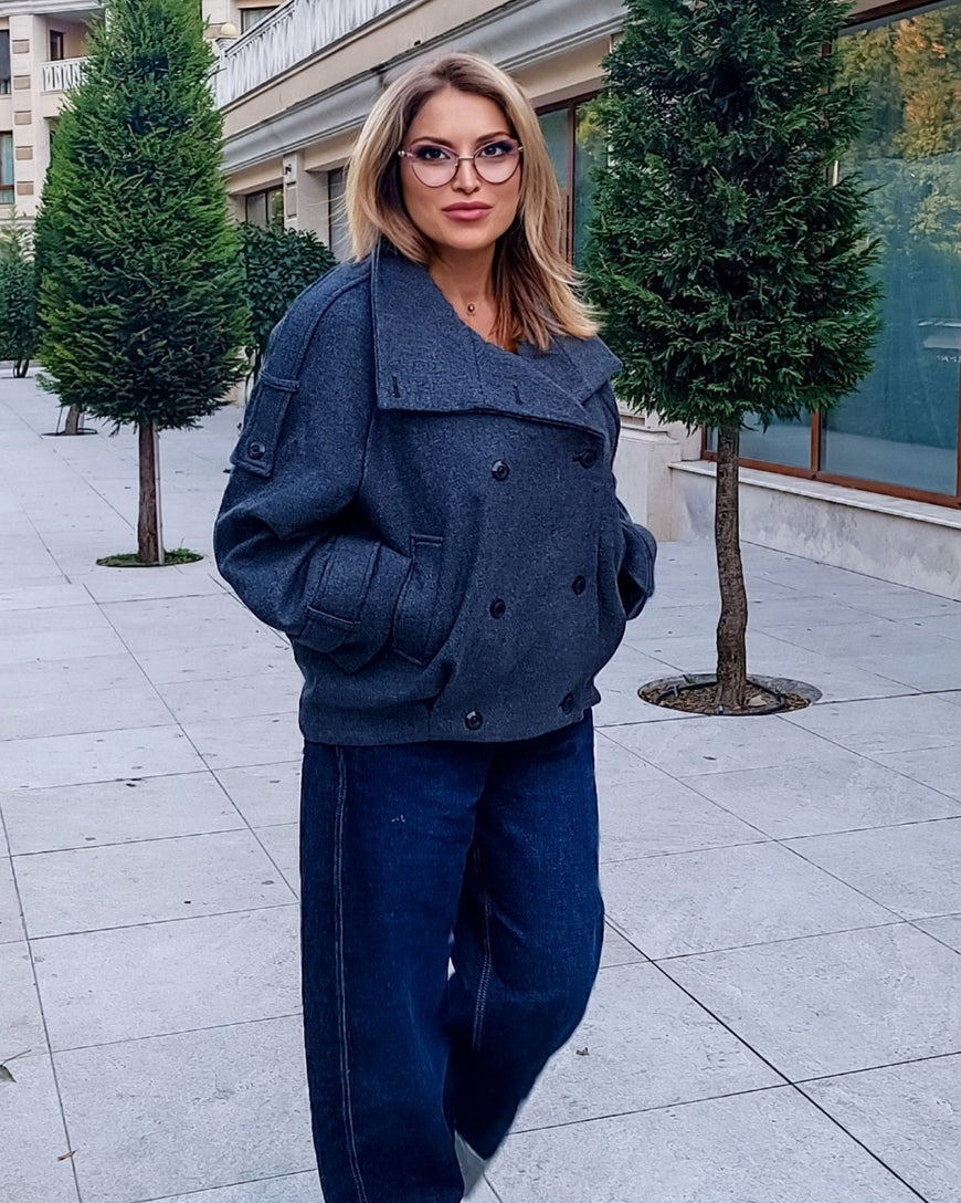 Grey Double-Breasted Short Wool Coat