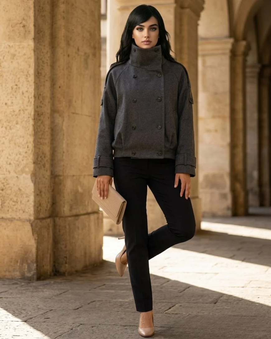 A woman stands in a sunlit stone corridor wearing a dark gray double-breasted turtleneck jacket, black pants, and beige heels, while holding a beige clutch.