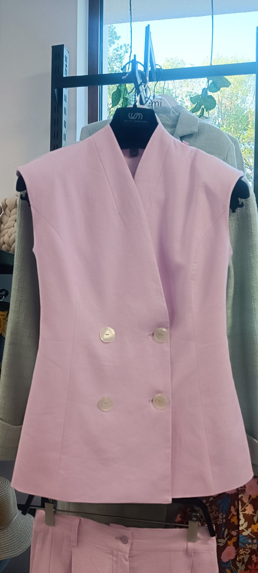 Linen Sleeveless Blazer Vest with Pearl Buttons