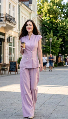 Linen Sleeveless Blazer Vest with Pearl Buttons