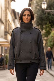 Grey Double-Breasted Short Wool Coat
