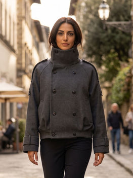 Grey Double-Breasted Short Wool Coat