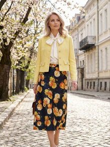 Saten Bias Cut Skirt with Floral Print-yellow