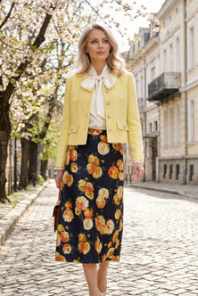 Saten Bias Cut Skirt with Floral Print-yellow