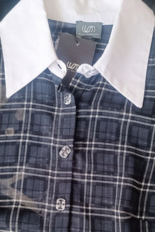 Black Checked Blouse with White Collar and Cuffs – Tailored Fit