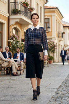Black Checked Blouse with White Collar and Cuffs – Tailored Fit