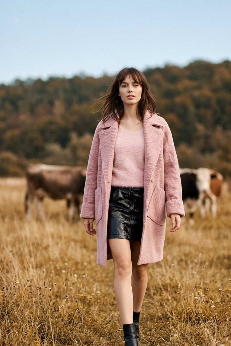 A woman stands in a dry grass field with cows in the background, wearing a light pink coat over a pink top and black skirt. 
