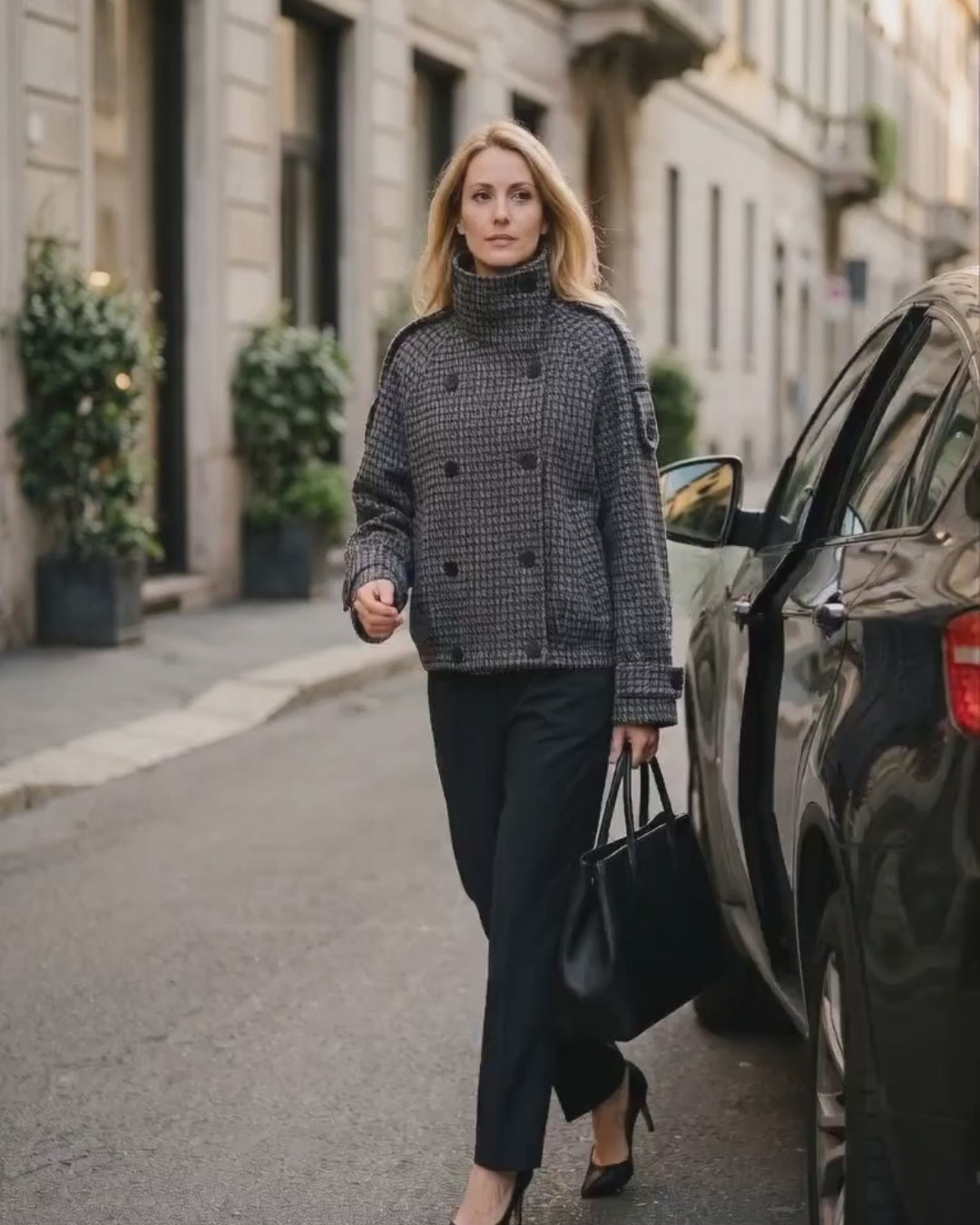 Grey Houndstooth Wool Coat