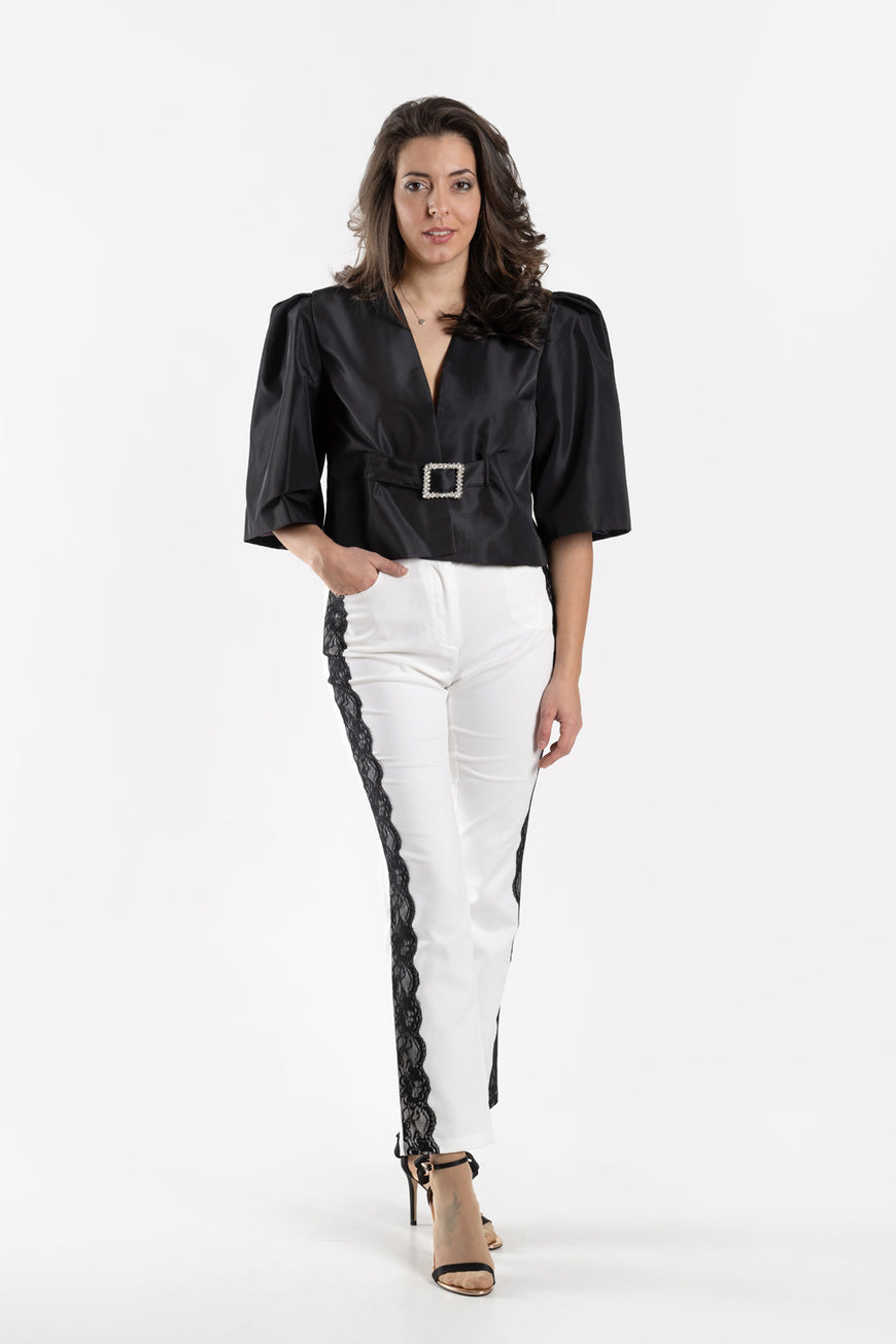 Straight trousers with black lace edging