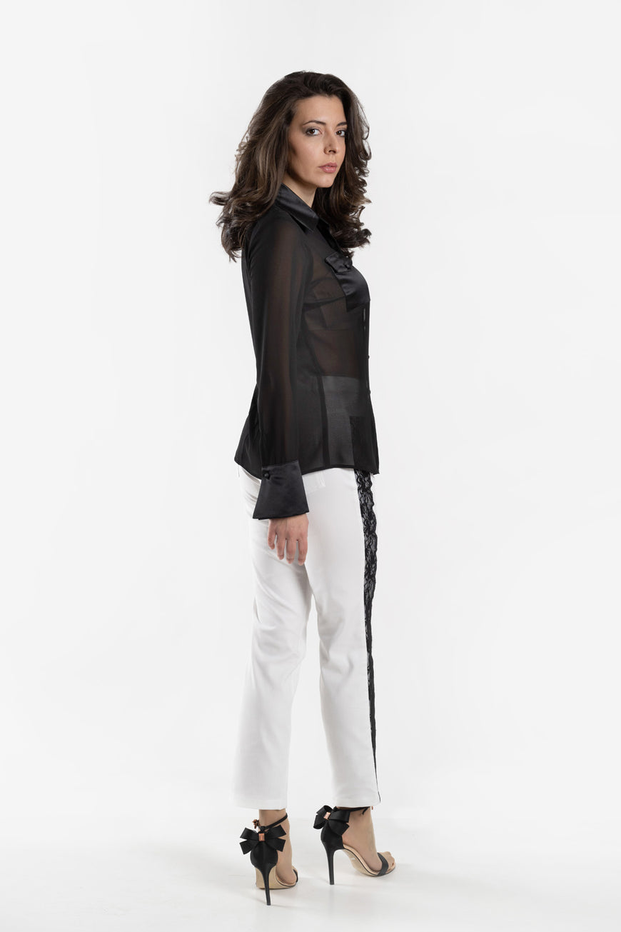 Straight trousers with black lace edging