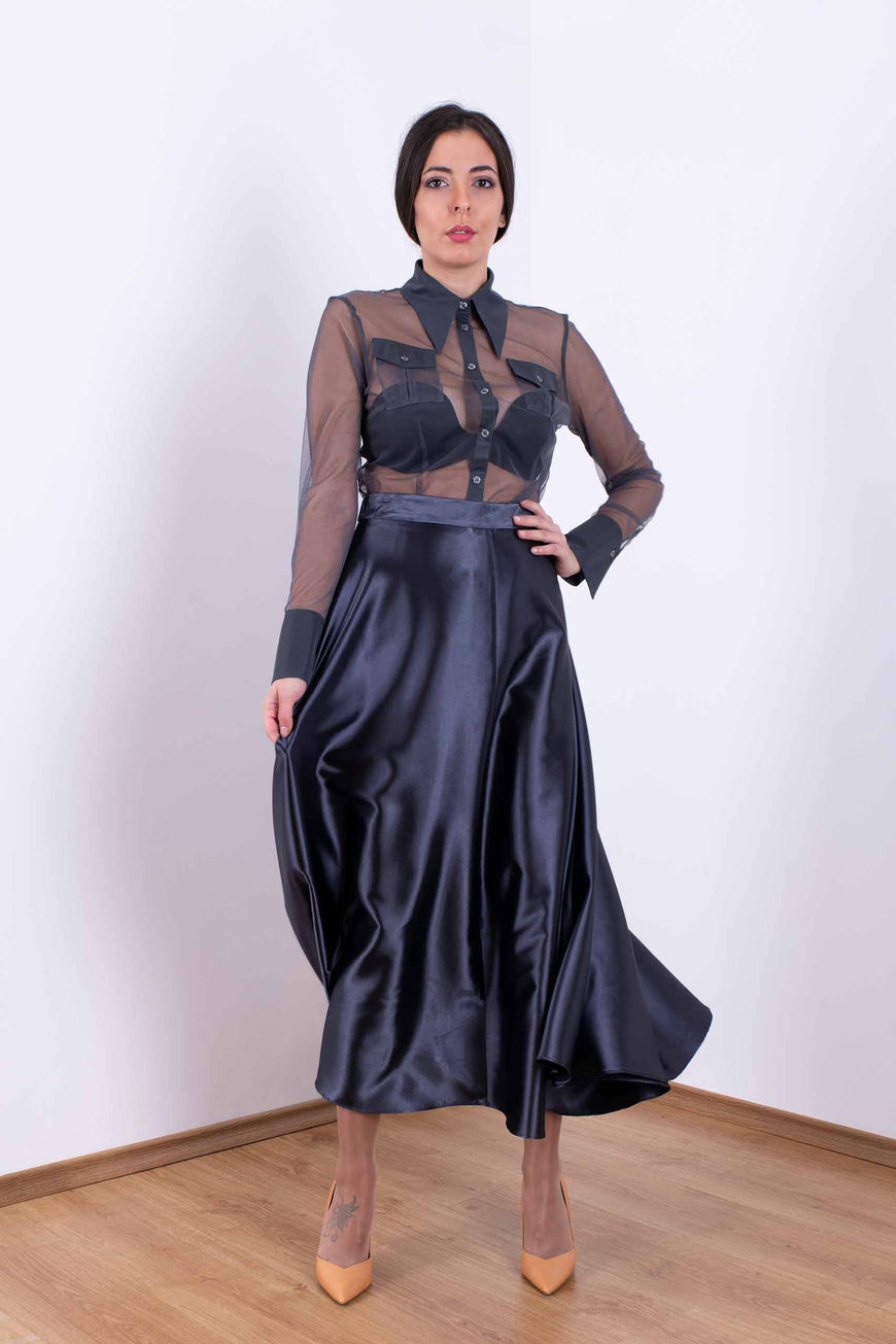 Long cloche skirt in grey satin