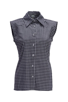 Women sleeveless shirt in black, with fine white plaid