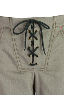 Straight trousers with wide hem and bustier fastening – Side view – Silvy Rowson