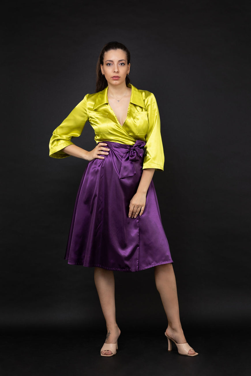 Satin dress in lime and purple