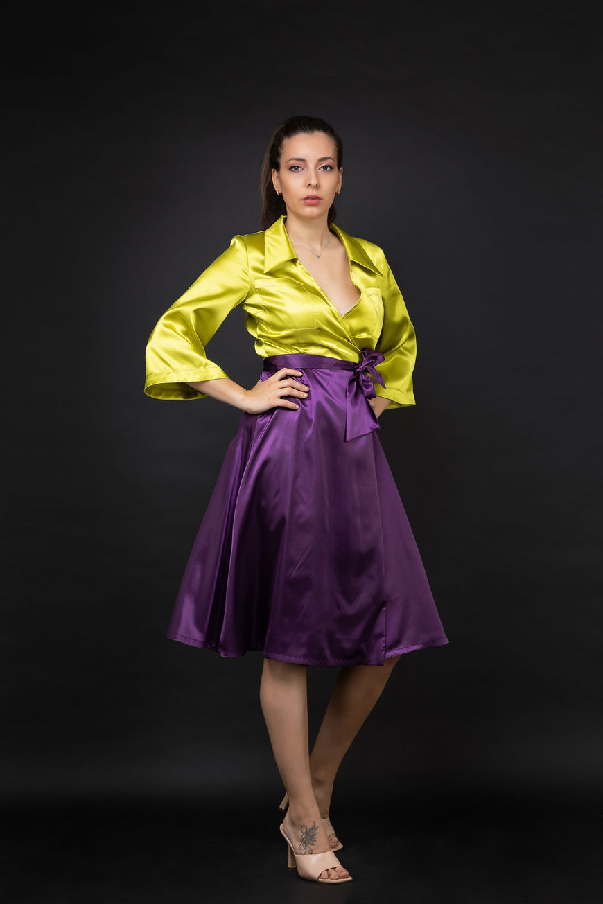 Satin dress in lime and purple