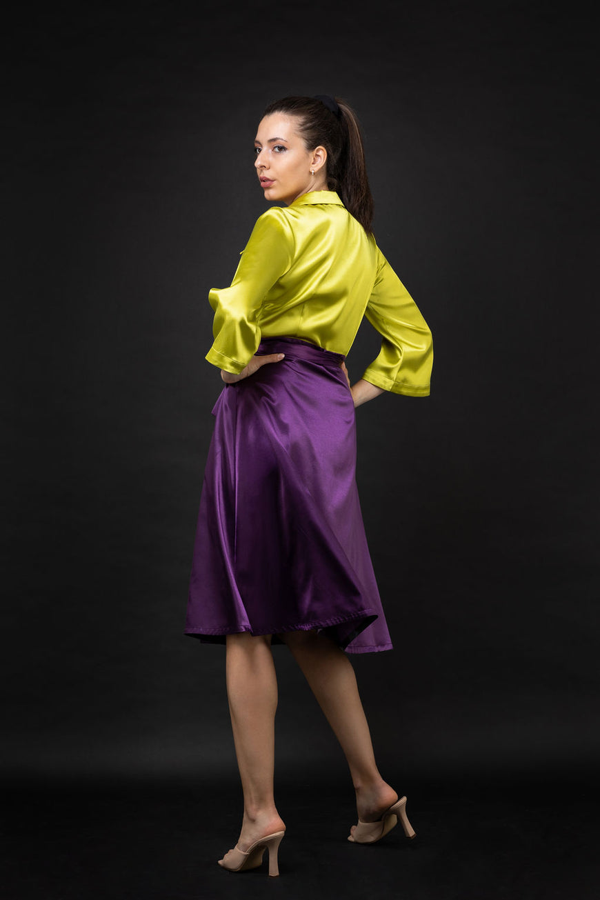 Satin dress in lime and purple