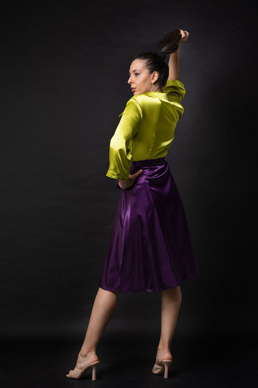 Satin dress in lime and purple