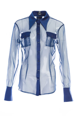 Retro style net shirt in blue – Front view – Silvy Rowson
